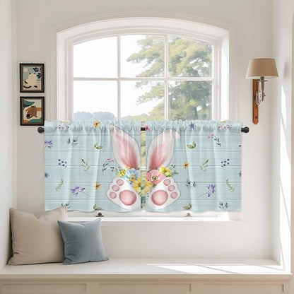 Easter Kitchen Tier Curtains 24 Inch Long 2 Panel Set,Rod Pocket Cafe Small Window Curtains Over Sink,Spring Rabbits Ears Feet Flowers Wooden Grain Light Filtering Short Drapes 27.5"W x 24"L
