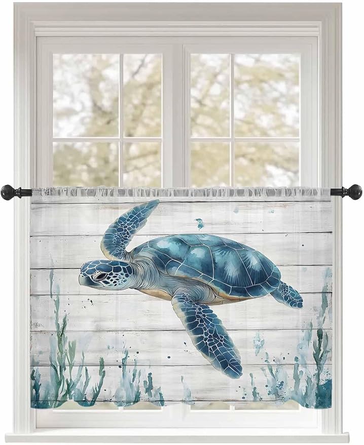 Sheer Curtains 45 Inch Length, Teal Green Ocean Turtle Semi Sheer Curtains Light Filtering Window Treatment, Coastal Seaweed Wood Grain Privacy Voile Drapes for Living Room Bedroom 52x45 Inch