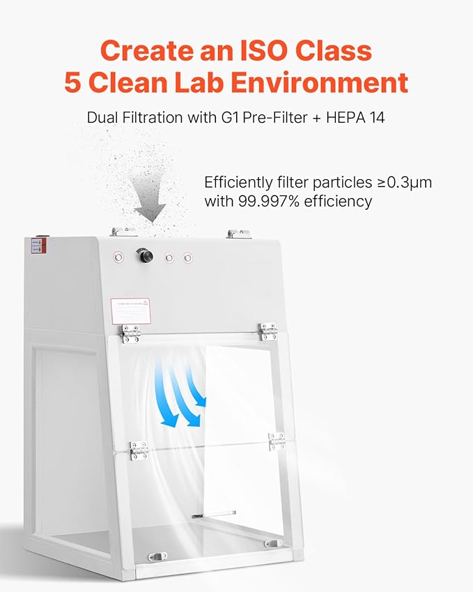 VEVOR Laminar Flow Hood, 20.08 x 20.47 x 23.62 inch Working Area Portable Clean Room, Meets ISO Class 5 Clean Room Standards, Adjustable, with HEPA-14 Filter and G1 Pre-Filter, for Laboratory Use