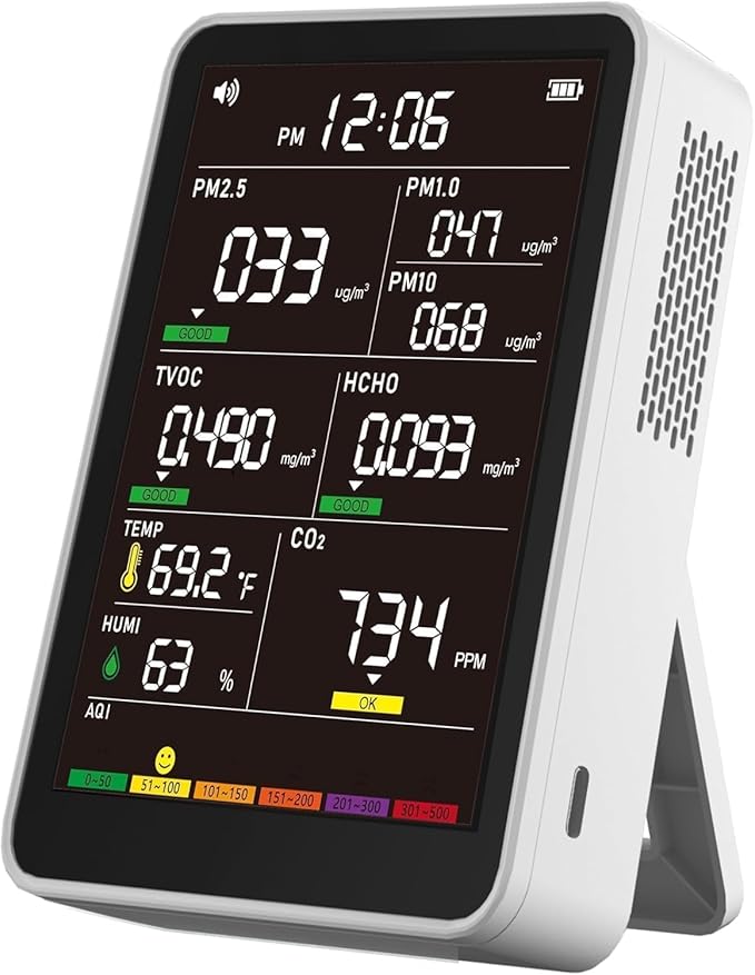 Professional Indoor Air Quality Monitor with AQI, Portable Real-Time Detector for Home Cars Plants and Pets (White)