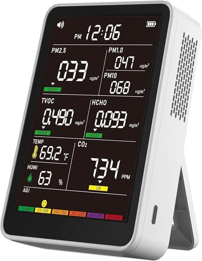 Professional Indoor Air Quality Monitor with AQI, Portable Real-Time Detector for Home Cars Plants and Pets (White)