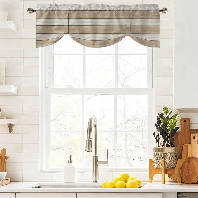 Brown Ombre Wooden Tie Up Valance Curtains for Windows, Kitchen Curtains Window Shades, Farmhouse Retro Khaki Wood Light Filtering Roman Curtain Valances for Bedroom/Bathroom/Cafe 42"x12"