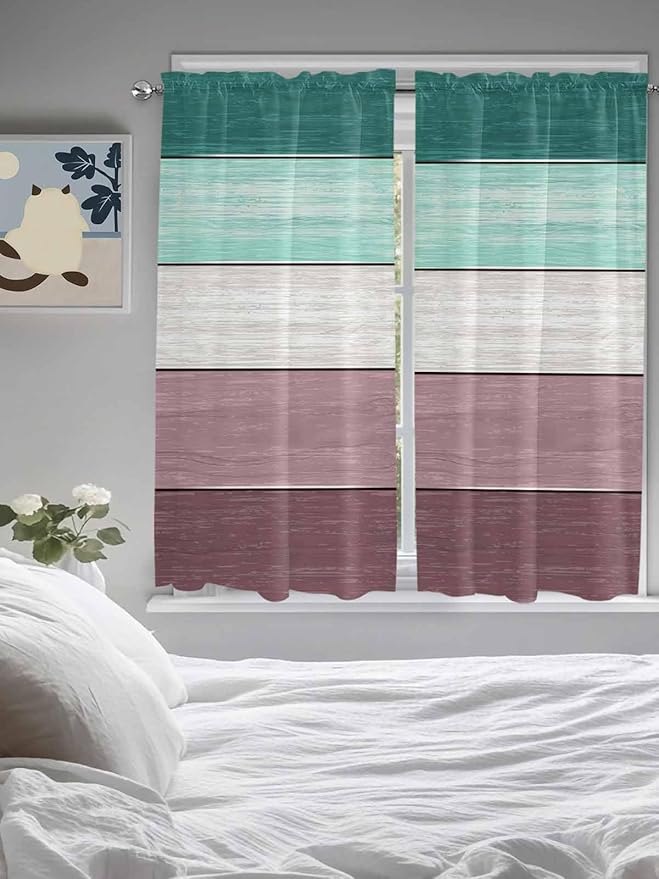 Retro Farm Woodcuts Texture Window Valance Curtains, Green Brown Gradient Light Filtering Kitchen Valance with 3-inch Rod Pocket for Living Room Bathroom Bedroom,2 Panel,42x63In