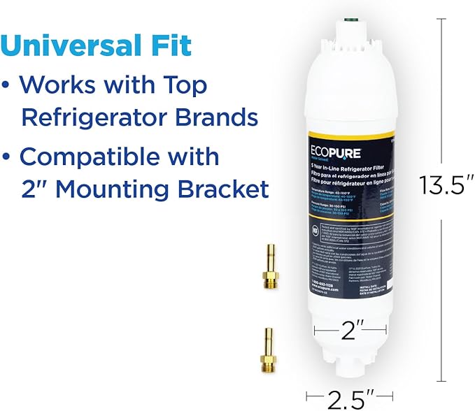 EcoPure EPINL30 5-Year In-Line Refrigerator Water Filter – Universal Fit for Most Fridges, Ice Makers, RVs & Boats – Reduces Chlorine Taste & Odor – Easy DIY Install with 1/4" Fittings