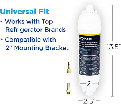 EcoPure EPINL30 5-Year In-Line Refrigerator Water Filter – Universal Fit for Most Fridges, Ice Makers, RVs & Boats – Reduces Chlorine Taste & Odor – Easy DIY Install with 1/4" Fittings