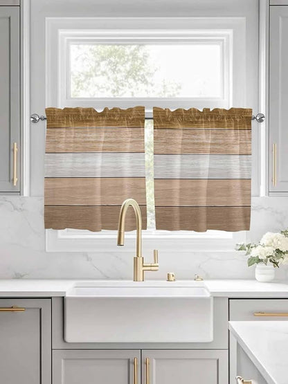Retro Farm Wood Board Window Valance Curtains, Brown Graduality Striped Light Filtering Kitchen Valance with 3-inch Rod Pocket for Living Room Bathroom Bedroom,2 Panel,27.5x36In