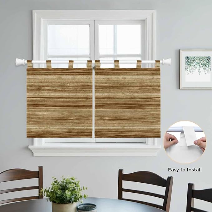 Vintage Western Kitchen Curtains 24 Inch Length, Small Window Curtains Tab Top, Rustic Farmhouse Wooden Grain Barn Door Light Filtering Short Window Treatments Tier Drapes 27.5"x24" 2 Panel