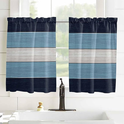 Vintage Country Woodcuts Window Valance Curtains, Blue Gradient Striped Light Filtering Kitchen Valance with 3-inch Rod Pocket for Living Room Bathroom Bedroom,2 Panel,52x45In