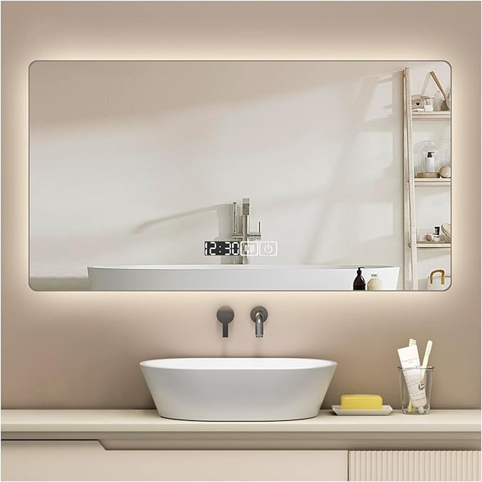 Backlit LED Illuminated Bathroom Mirror with LED Lights, Lighted Bathroom Makeup Wall Mounted Mirror with Demister Pad, Sensor Touch Switch, Horizontal/Vertical(A,H70*W90CM/H27.5*W35.4IN)