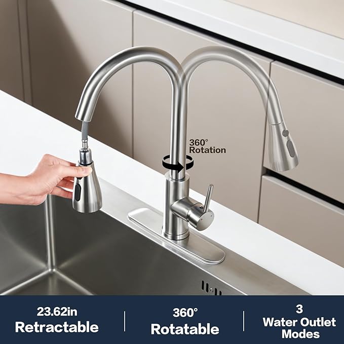 Kitchen Sink Faucet with Pull - Down Sprayer, 2 - Handle 3 - in - 1 Kitchen Sink Filter Faucet, Cold and Hot Mixer Drinking Water Faucet (Classic, Brushed Nickel-3)