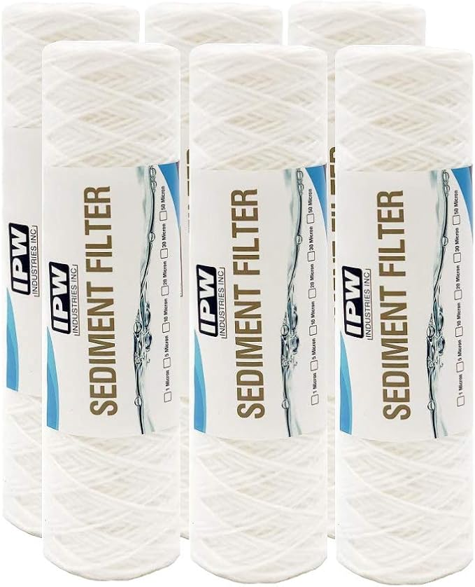 IPW Industries Inc. 50 Micron String Wound Water Filter for Universal Whole House Replacement Cartridge Sediment Filters for Well Water 10" x 2.5" - 6 Pack