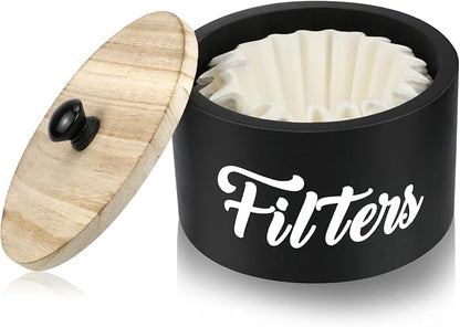 Wooden Coffee Filter Holder with Lid, Basket Coffee Filter Storage Container for Counter, Rustic Farmhouse Café Bar Decor, 50 Count Capacity (Black)