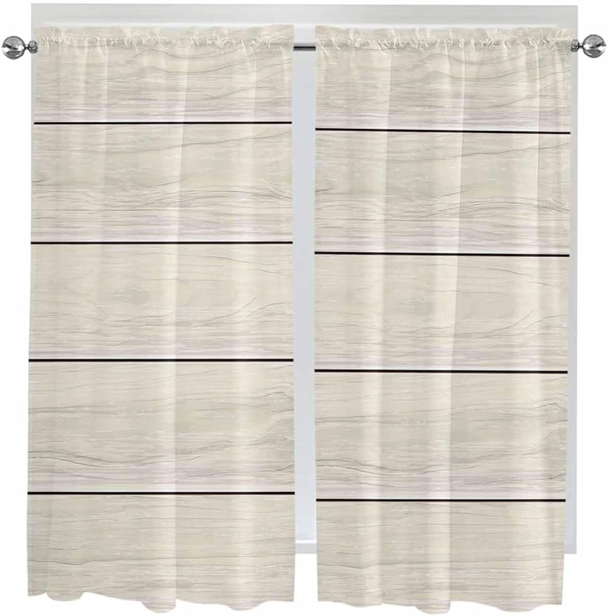 Vintage Country Wooden Board Window Valance Curtains, Gradient Wood Grain Line Light Filtering Kitchen Valance with 3-inch Rod Pocket for Living Room Bathroom Bedroom,2 Panel,42x63In