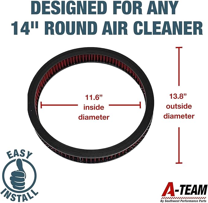 A-Team Performance High Flow Washable & Reusable Round Cotton Air Filter Element - 14x2 Inch Red - Engine Air Filter Compatible w/Buick/Chevrolet/GMC/Ford/Oldsmobile & Pontiac