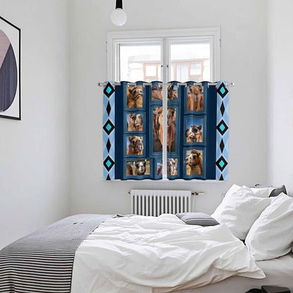 2 Panel Kitchen Cafe Curtains, Desert Camels Sunlight Filtering Nature Air Through, Home Decor Window Covering Tier Curtains for Living Room 104W x 63L inch Wildlife Brown Animals Blue Geometric