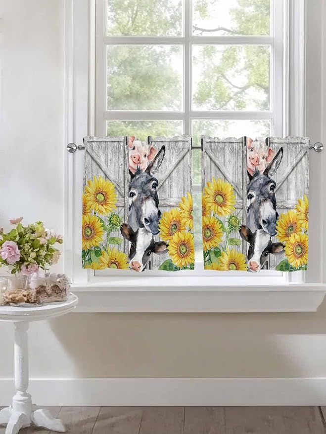Farmhouse Half Window Curtains 24 Inches Long, Watercolor Sunflowers Animals Printed Wood Grain Window Treatment Curtain Drapes, Short Curtains Tiers for Kitchen Over Sink, 27.5"x24", 2 Panels