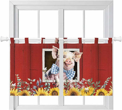 Pig Sunflowers Kitchen Curtains 24 Inch Length, Small Window Curtains Tab Top, Eucalyptus Leaves Floral Bees Red Barn Light Filtering Short Window Treatments Tier Drapes 27.5"x24" 2 Panel
