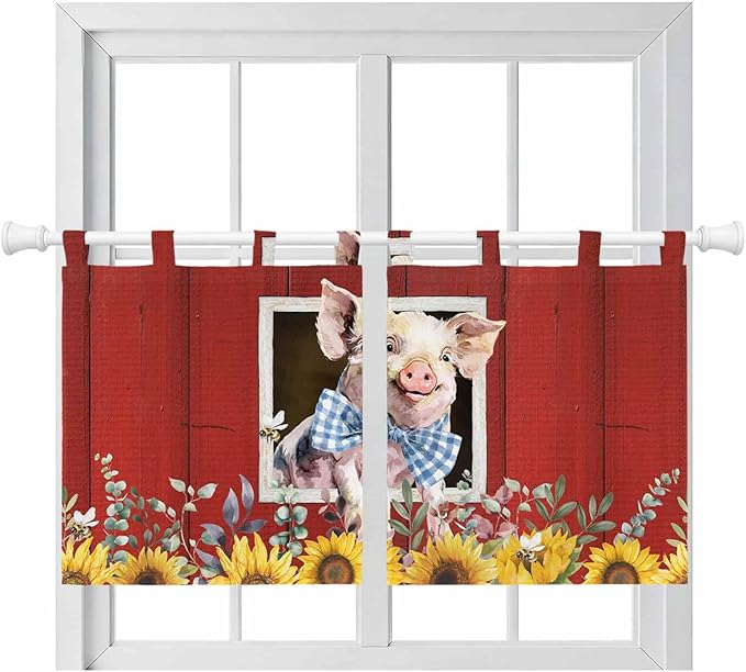 Pig Sunflowers Kitchen Curtains 36 Inch Length, Small Window Curtains Tab Top, Eucalyptus Leaves Floral Bees Red Barn Light Filtering Short Window Treatments Tier Drapes 27.5"x36" 2 Panel