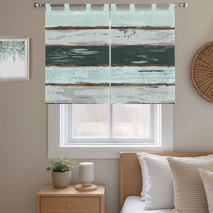 Blue Teal Bedroom Curtains 63 Inch Length, Window Curtains Tab Top, Vintage Wooden Retro Art Farmhouse Barns Light Filtering Window Treatments Drapes 42"x63" 2 Panel
