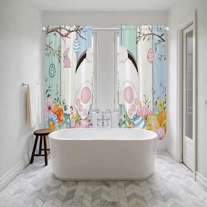 Easter Window Curtains 72 Inch Long 2 Panel Set,Rod Pocket Long Curtains & Drapes,Spring Watercolor Bunny Eggs Wood Grain Teal Blue Light Filtering Window Treatment for Bedroom Living Room 52"W x 72"L