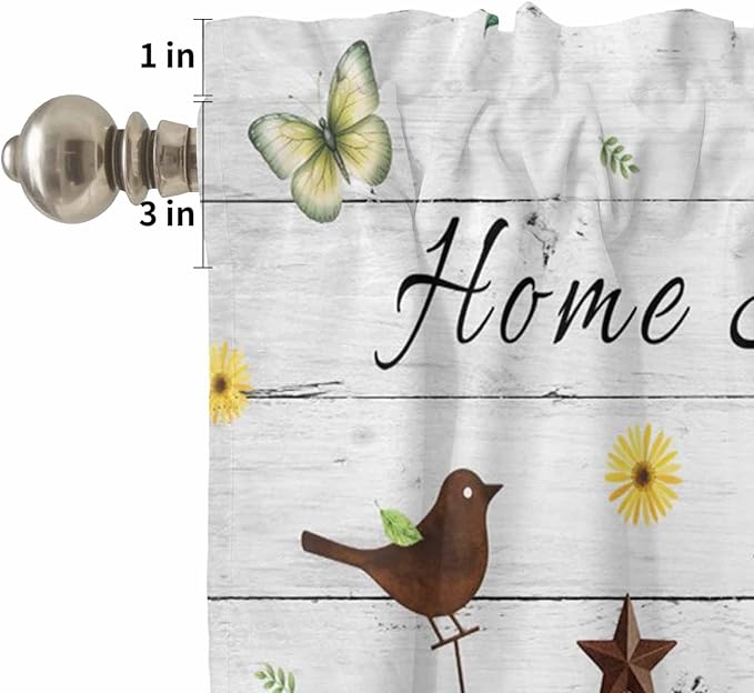 Kitchen Curtains Tiers and Valance Set of 3, Sunflowers Dog Light Filtering Window Curtain Set, Spring Watercolor Floral Stars Wood Grain Rod Pocket Curtain Drapes for Living Room, 36 Inches Tiers