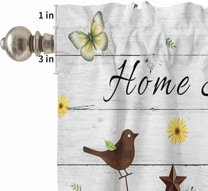 Kitchen Curtains Tiers and Valance Set of 3, Sunflowers Dog Light Filtering Window Curtain Set, Spring Watercolor Floral Stars Wood Grain Rod Pocket Curtain Drapes for Living Room, 36 Inches Tiers