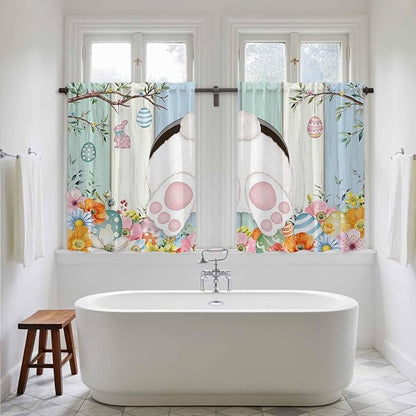 Easter Kitchen Curtains 54 Inch Long 2 Panel Set, Rod Pocket Window Curtains Panels, Spring Watercolor Bunny Eggs Wood Grain Teal Blue Light Filtering Privacy Draperies for Bedroom Laundry 42"W x 54"L