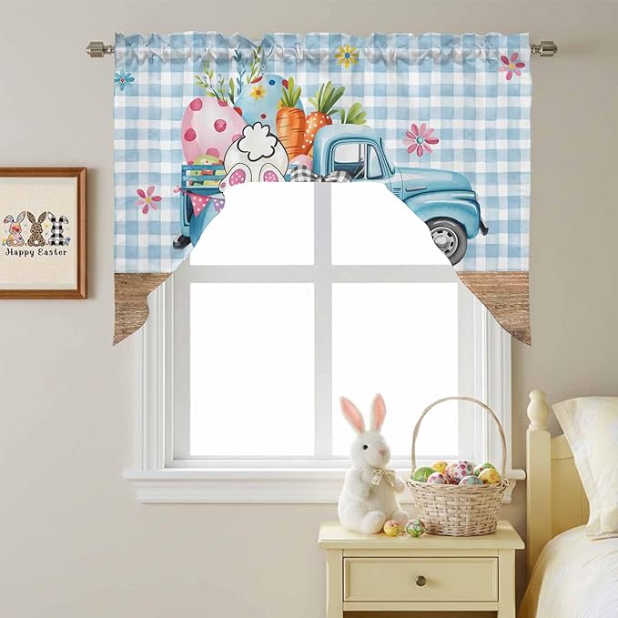 Swag Valance Curtains, Easter Truck with Rabbit Eggs Carrot Rod Pocket Valances Swag Topper for Kitchen Windows, Wood Barn and Blue Checker Light Filtering Short Curtain for Bedroom Bathroom 56x36In