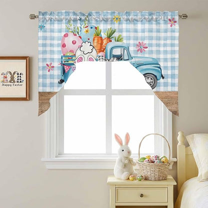 Swag Valance Curtains, Easter Truck with Rabbit Eggs Carrot Rod Pocket Valances Swag Topper for Kitchen Windows, Wood Barn and Blue Checker Light Filtering Short Curtain for Bedroom Bathroom 56x36In