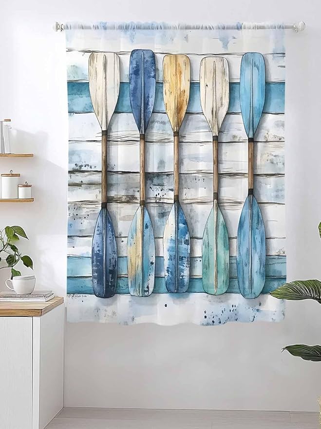 Sheer Curtains 63 Inch Length, Lake Paddle Striped Semi Sheer Curtains Light Filtering Window Treatment, Watercolor Vintage Wood Grain Privacy Voile Drapes for Living Room Bedroom 52x63 Inch