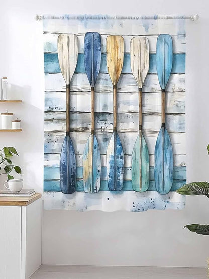 Sheer Curtains 63 Inch Length, Lake Paddle Striped Semi Sheer Curtains Light Filtering Window Treatment, Watercolor Vintage Wood Grain Privacy Voile Drapes for Living Room Bedroom 52x63 Inch