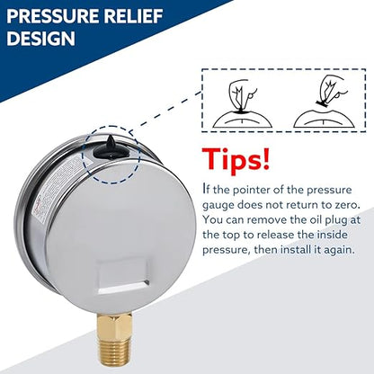 SENCTRL 0-1000 Psi Glycerin Liquid Filled Pressure Gauge, 2.5" Dial Size, 1/4" NPT Lower Mount, Stainless Steel Case, for Air Gas Water Oil Hydraulic Pressure Test