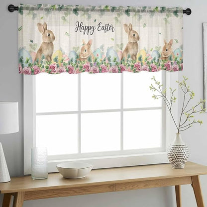 Easter Sheer Valances for Windows 42"x12", Light Filtering Kitchen Curtains Valance, Spring Watercolor Bunny Eggs Flower Leaf Beige Rod Pocket Chiffon Curtains for Living Room Bedroom Cafe