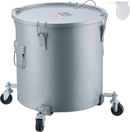 VEVOR Fryer Grease Bucket, 8 Gal Oil Disposal Caddy with Caster Base, Carbon Steel with Rust-Proof Coating, Oil Transport Container with Lid, Lock Clips, Filter Bag for Hot Cooking Oil Filtering