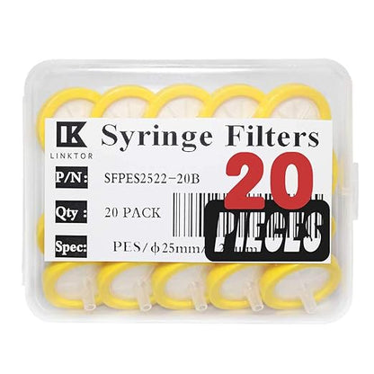 LINKTOR Syringe Filter PES (Polyethersulfone) Hydrophilic Filtration, General Luer Taper 25mm Diameter 0.22 um Pore Size Non Sterile, Pack of 20 (Pack of 20, 0.22μm PES)