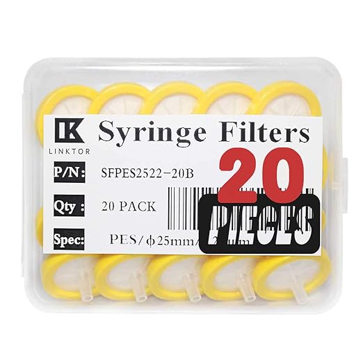LINKTOR Syringe Filter PES (Polyethersulfone) Hydrophilic Filtration, General Luer Taper 25mm Diameter 0.22 um Pore Size Non Sterile, Pack of 20 (Pack of 20, 0.22μm PES)