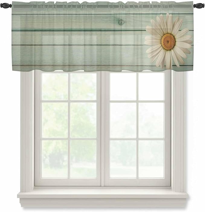 Daisy Flower Sheer Valances for Windows 54"x18", Light Filtering Kitchen Curtains Valance, Modern Art Floral Farmhouse Teal Wooden Grain Rod Pocket Chiffon Curtains for Living Room Bedroom Cafe