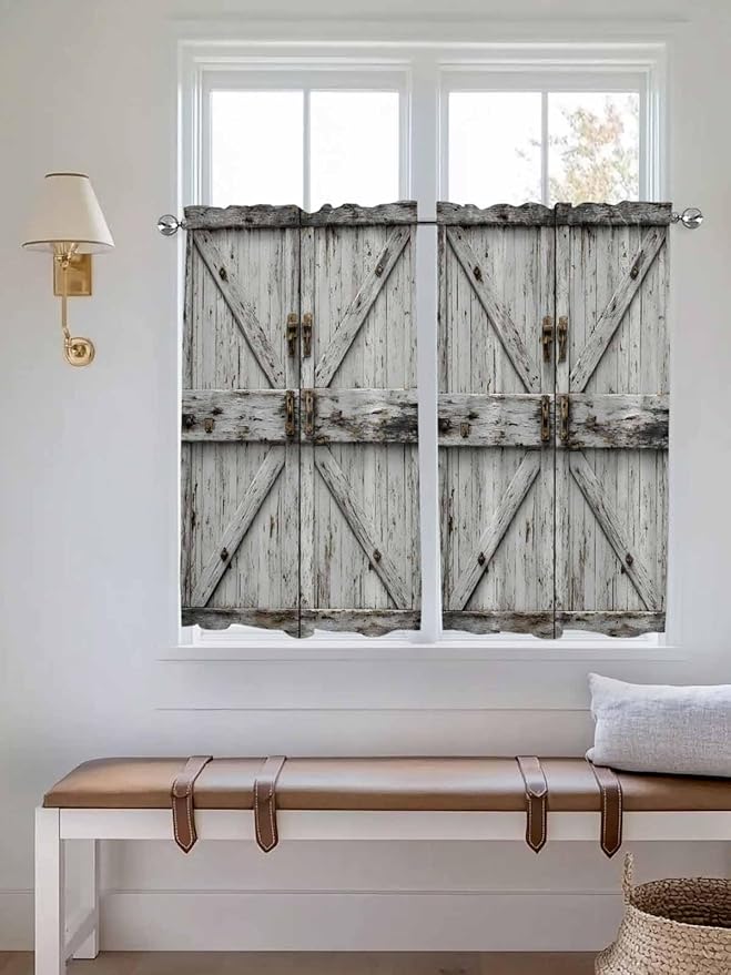 Vintage Gate Kitchen Curtains 54 Inches Length, Farmhouse Wooden Grain Shabby Chic Door Window Treatment Curtain Drapes, Decorative Window Curtains for Bedroom Cafe, 52"x54", 2 Panels