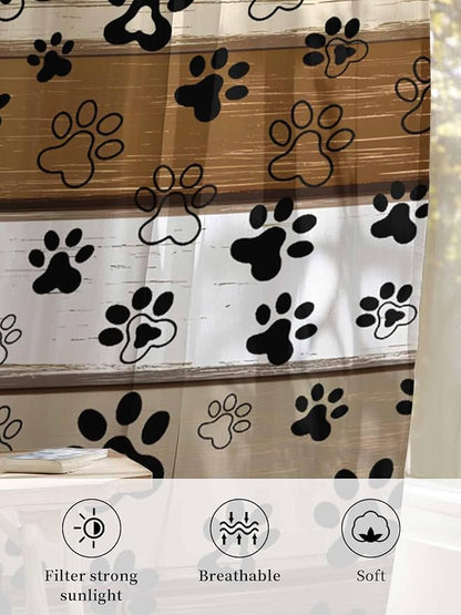 Sheer Curtains 108 Inches Long, Brown Beige Farmhouse Semi Sheer Curtains Light Filtering Window Treatment, Black Dog Paw Vintage Wooden Privacy Voile Drapes for Living Room Bedroom 52x108 Inch