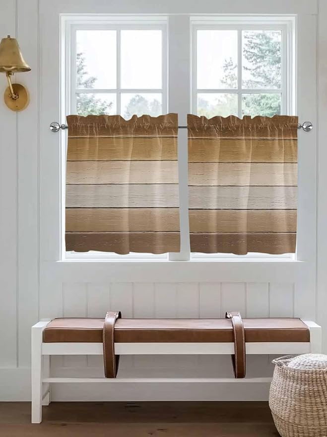 Vintage Brown Gradient Wood Grain Window Valance Curtains, Farmhouse Wood Barn Light Filtering Kitchen Valance with 3-inch Rod Pocket for Living Room Bathroom Bedroom,2 Panel,27.5x24In