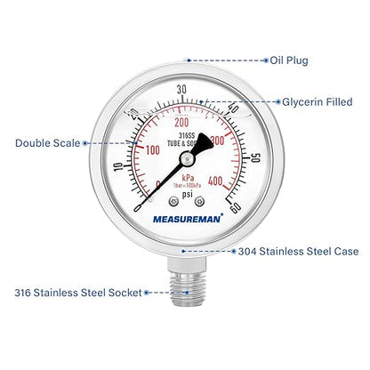 MEASUREMAN Fully Stainless Steel Hydraulic Glycerin Filled Pressure Gauge, 2-1/2" Dial Size, 1/4" NPT Lower Mount, 0-60psi/kpa