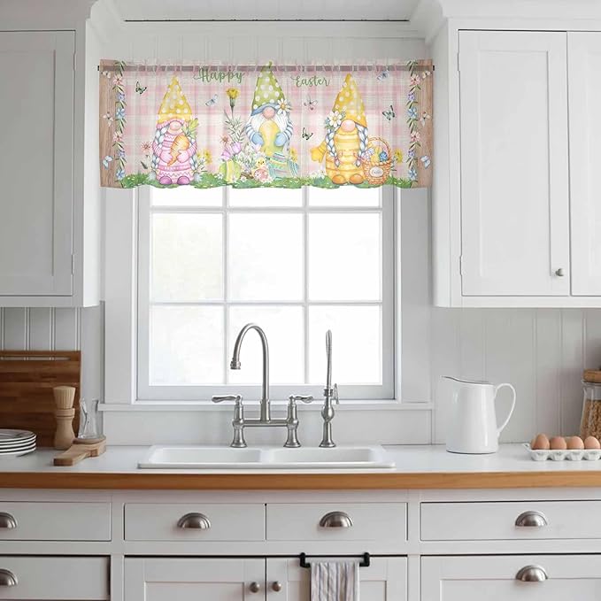 Happy Easter Sheer Valances for Windows 42"x12", Light Filtering Kitchen Curtains Valance, Spring Gnomes Duck Floral Eggs Pink Plaid Rod Pocket Chiffon Curtains for Living Room Bedroom Cafe