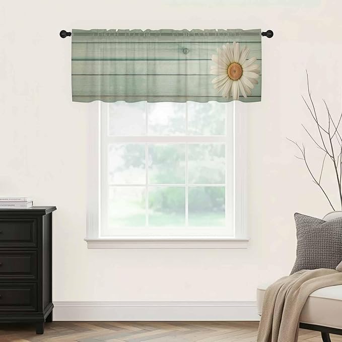 Daisy Flower Sheer Valances for Windows 60"x18", Light Filtering Kitchen Curtains Valance, Modern Art Floral Farmhouse Teal Wooden Grain Rod Pocket Chiffon Curtains for Living Room Bedroom Cafe