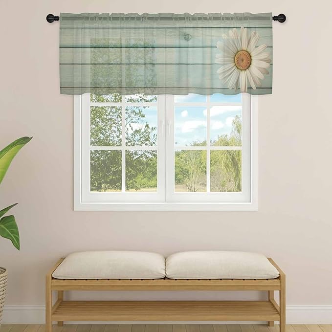 Daisy Flower Sheer Valances for Windows 60"x18", Light Filtering Kitchen Curtains Valance, Modern Art Floral Farmhouse Teal Wooden Grain Rod Pocket Chiffon Curtains for Living Room Bedroom Cafe