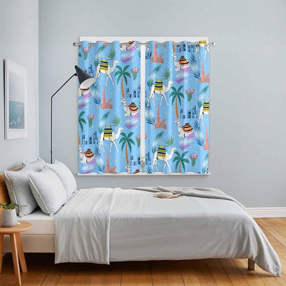 2 Panel Kitchen Cafe Curtains, Desert Landscape Sunlight Filtering Nature Air Through, Home Decor Window Covering Tier Curtains for Living Room 80W x 63L inch Cute Camels Palm Trees Houses Leaves Blue