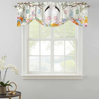 Easter Tie Up Valance Curtains for Windows, Kitchen Curtains Window Shades, Spring Farmhouse Watercolor Bunny Eggs Wood Grain Light Filtering Roman Curtain Valances for Bedroom/Bathroom/Cafe 54"x18"