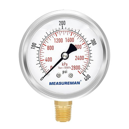 MEASUREMAN 2-1/2" Dial Size, Glycerin Filled Pressure Gauge, 0-400psi/2800kpa, 304 Stainless Steel Case, 1/4" NPT Lower Mount