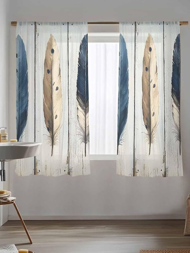 Sheer Curtains 63 Inch Length, Farmhouse Feather Semi Sheer Curtains Light Filtering Window Treatment, Watercolor Vintage Wooden Grain Privacy Voile Drapes for Living Room Bedroom 52x63 Inch
