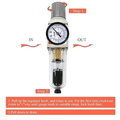 RIH 1/4" NPT Auto Drain Compressed Air Filter Regulator Combo Piggyback, 5 Micron Brass Element, Poly Bowl, Metal Bracket, 0-150 psi Gauge Air Tool Compressor Filter with Gauge (1/4" NPT)