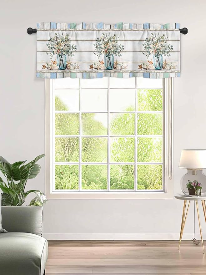 Kitchen Valances for Window, Ocean Starfish Conch Shell Eucalyptus Light Filtering Rod Pocket Valance Curtain, Colorful Wood Grain Short Curtains Window Topper for Bedroom Living Room 54x18in